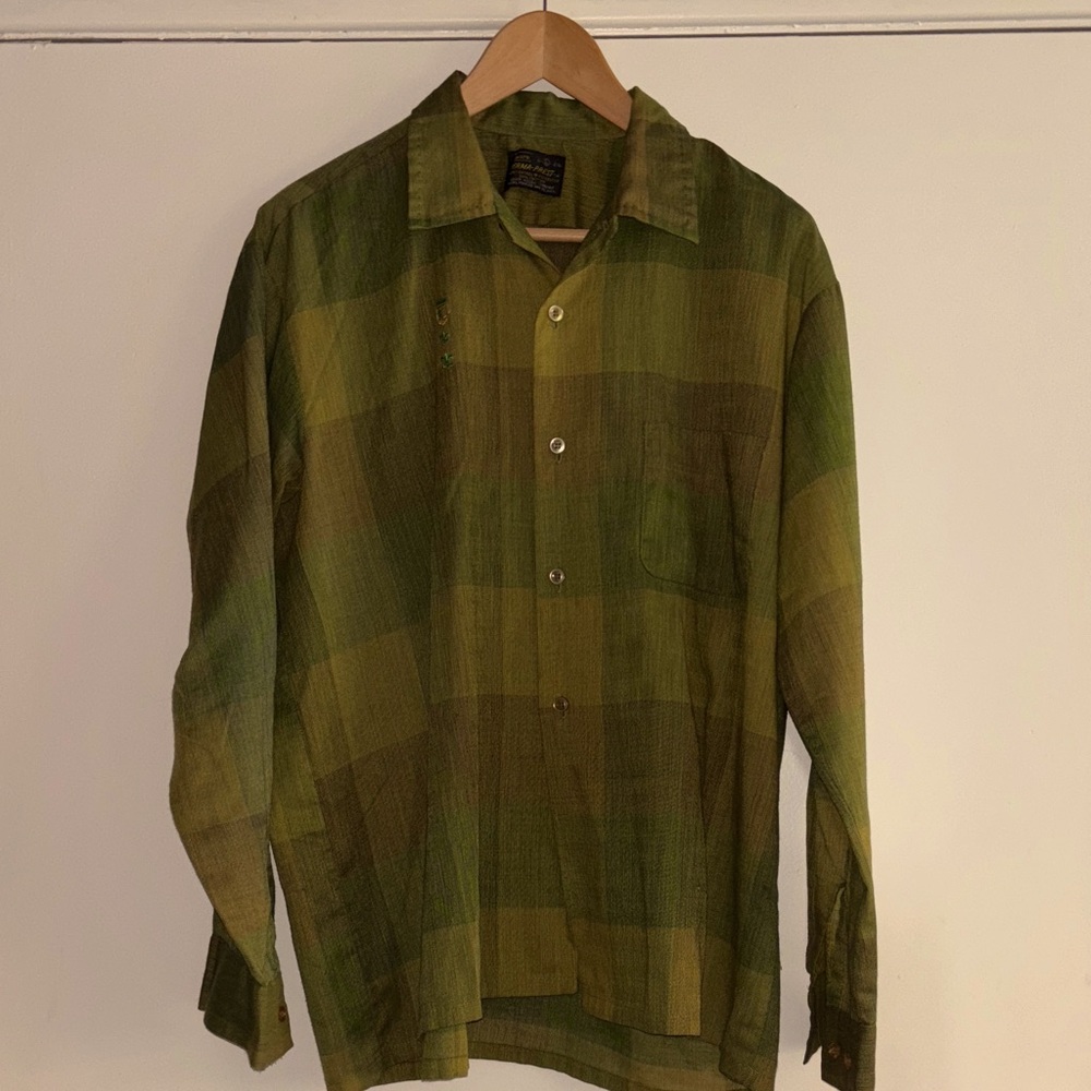 Sears Olive Button-Up Long Sleeve Shirt Checkered Pattern Large